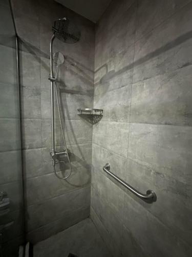 a bathroom with a shower with a shower head at Hotel cozy jano in Tbilisi City