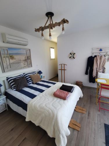 a bedroom with a large bed and a desk at Chambre Cabanon in Le Cannet-des-Maures