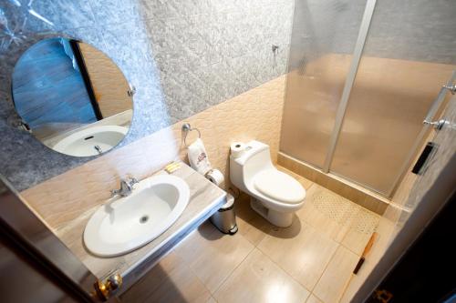 a bathroom with a sink and a toilet and a mirror at Macacona Hacienda Hotel in Ica