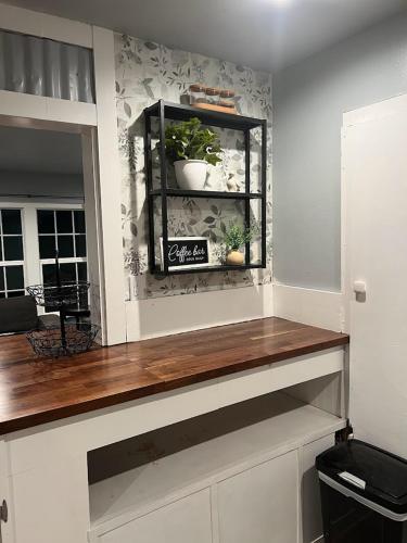 a kitchen counter with a window with a plant in it at Old Oak Ranch in Cameron