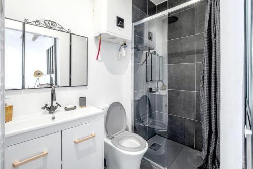 une salle de bain avec toilettes, lavabo et douche dans l'établissement Cosy aparthotel Downtown, à Sète
