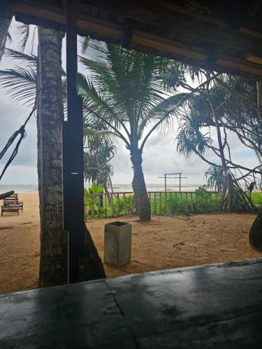 a view of a beach with palm trees and a bench at Suda Villa Bentota in Bentota