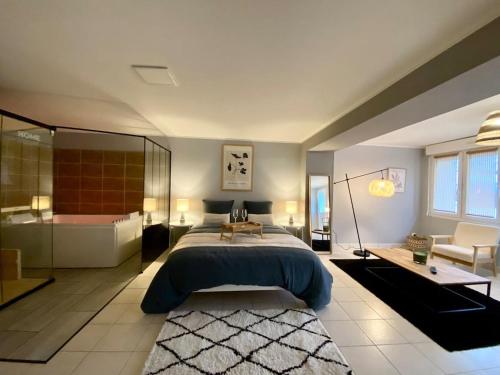 a large bedroom with a bed and a bath room at Le Nid à Bulles Scandinave in Vernon