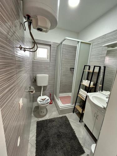 a bathroom with a toilet and a sink and a shower at Villa Daja in Biograd na Moru