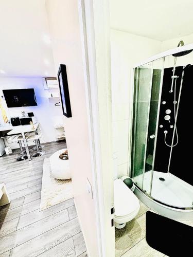 une salle de bain avec toilettes et lavabo dans l'établissement Suites DUBAI chambre privée avec espaces communs, à Perpignan