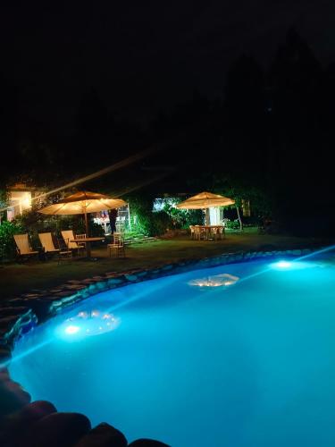 a swimming pool at night with tables and umbrellas at Hostal Macal in Talca