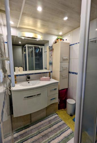 une salle de bain avec un lavabo et un miroir dans l'établissement Maison confortable 6 couchages labellisée 3 Etoiles par Gîtes de France, à Port-Leucate