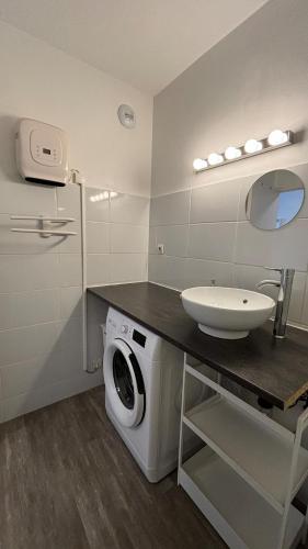 - une buanderie avec un évier et un lave-linge dans l'établissement LE POP appartement contemporain avec terrasse et parking, à Bonneville