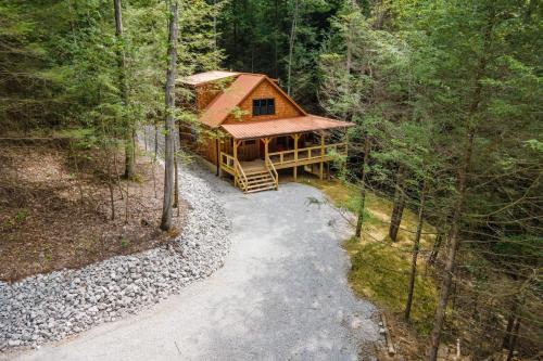 an overhead view of a log cabin in the woods at Angel's View in Rogers
