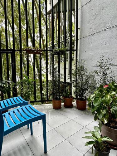 a blue bench sitting on a patio with potted plants at Apartamento Entero 101 in Pereira