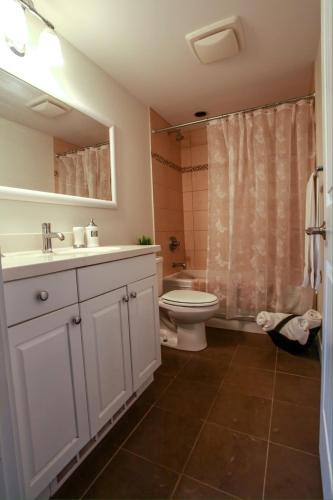 a bathroom with a sink and a toilet and a shower at Grand Boulevard Retreat- quiet suite in North Vanc in North Vancouver