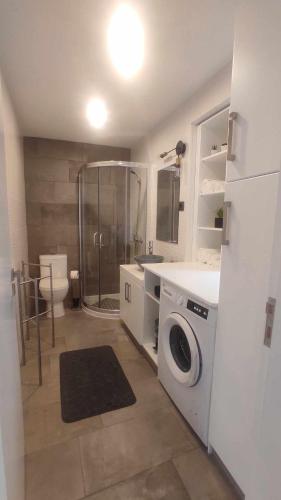 a bathroom with a shower and a washing machine at Quinta do Araçal T2 in Horta