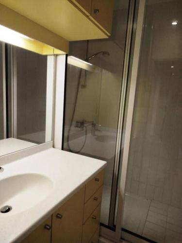 une salle de bain avec un lavabo blanc et une douche dans l'établissement Altitude 1800 - maeva Home - Appartement 4 Pièces 8 personnes - Confort MAE-2791, à La Mongie