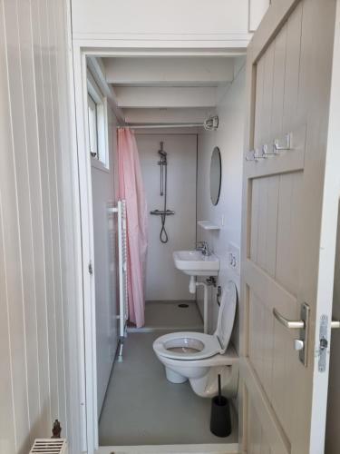 a small bathroom with a toilet and a sink at Strandvakantiehuisjes Katwijk in Katwijk aan Zee