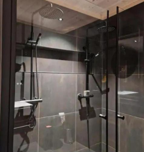 a shower with a glass door in a bathroom at Trysil turistesenter hytte in Trysil