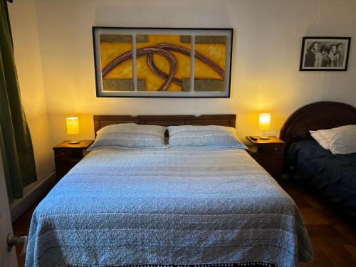 a bedroom with a bed and a painting on the wall at Hostal Estadio Nacional in Santiago