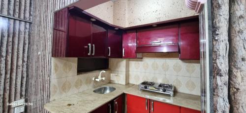 een kleine keuken met rode kasten en een spoelbak bij One Bedroom studio apartment with kitchen in Karachi