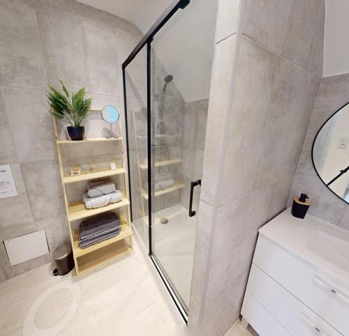 un bagno con doccia in vetro e lavandino di Chez Hortense - 5 mins à pied du centre-ville - place de stationnement a Bayeux