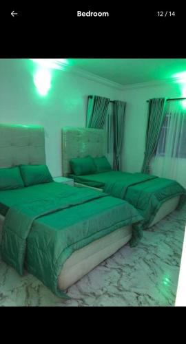 a bedroom with two beds with green comforters at Allure Guest Inn and Residence Ltd Apartments in Lekki