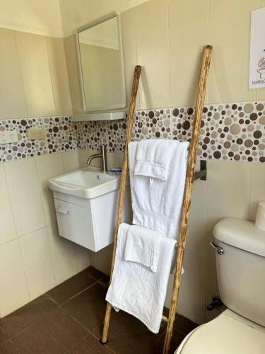 a bathroom with a toilet and a sink with towels at 21 Palms in Las Galeras
