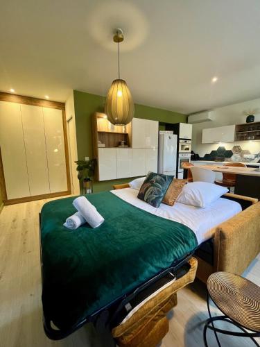 Cette chambre comprend un grand lit et une cuisine. dans l'établissement Le coin de Mel, Parking privé, 6 personnes, à Saint-Alban-de-Roche