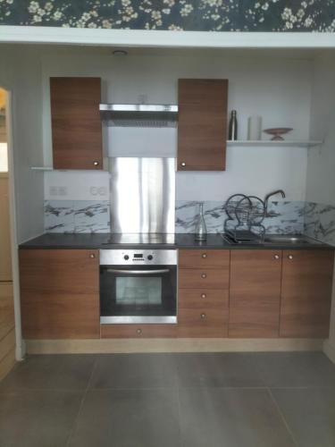 La cuisine est équipée d'armoires en bois et d'un four en acier inoxydable. dans l'établissement Petite maison chaleureuse, à Landéhen