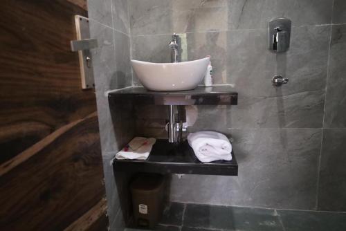 a bathroom with a sink on a wall at Niladri farms in Bhundsi