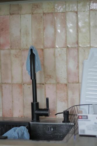 a kitchen sink with a faucet next to a wall at Minimalist Terracota Chapu in Guadalajara