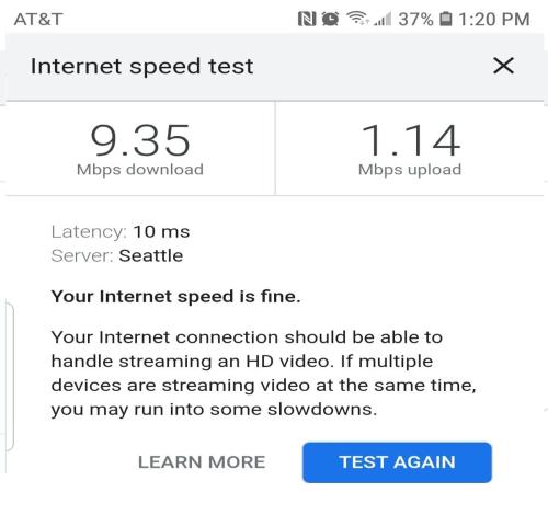 a screenshot of a cell phone with the internet speed test at SQ Ramblin Rose 3 in Sequim