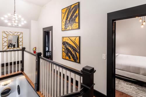 a bathroom with a staircase leading to a bedroom at The Firehouse in Newport