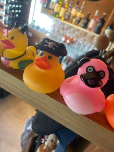 three rubber ducks sitting on a counter in a store at Sjøberg Hotell og Ferie Leiligheter in Østhusvik