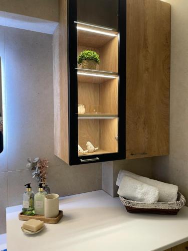 a kitchen cabinet with a plant in it at The Ioannina Lodge in Ioannina