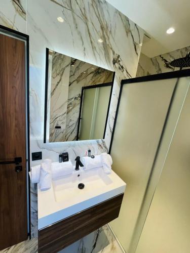 une salle de bain avec un lavabo et un miroir dans l'établissement 3 pièces en cœur de cannes, à Cannes