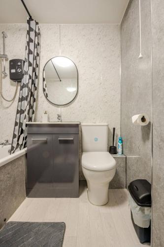 a bathroom with a toilet and a sink and a mirror at Modern and Stylish 1-Bed Apartment in Dundee City Centre - Perfect for Short or Long Stays & Contractors in Dundee