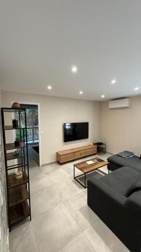 un salon avec un canapé et une télévision à écran plat dans l'établissement T2 neuf proche du Centre-ville, à Montpellier