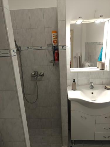 a bathroom with a shower and a sink and a mirror at City-Apartman in Kaposvár