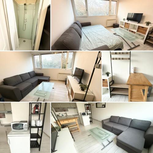 a collage of photos of a living room at Studio Confort Pessac Centre avec Parking in Pessac