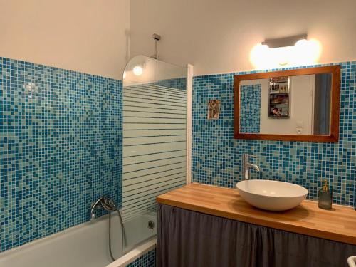 une salle de bain avec un lavabo, un miroir et une baignoire dans l'établissement Charming apartment with garden - city center - tram B - WIFI, à Bordeaux