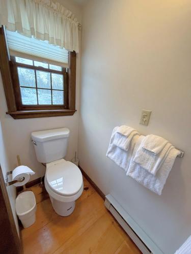 a bathroom with a toilet and a window with towels at 5H Charming Hilltop Farmhouse with Stunning Views & Modern Comforts Near Mountain View Grand Resort in Whitefield
