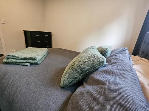 a bed with two pillows on top of it at Evolve! Brand new home on Pioneer mins from PN CBD in Palmerston North