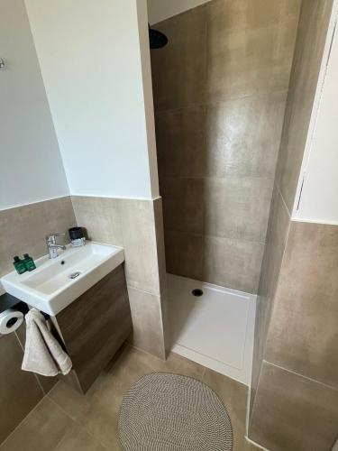 une salle de bain avec un lavabo et une douche dans l'établissement Chez Sam & Nico, à Bollène