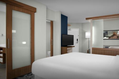 a bedroom with a white bed and a television at Springhill Suites by Marriott Savannah Downtown Historic District in Savannah