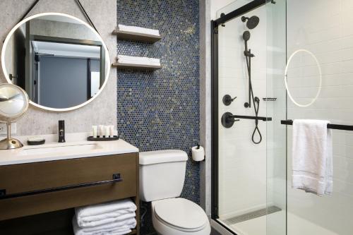 a bathroom with a toilet and a sink and a mirror at Hotel Indigo Chattanooga - Downtown by IHG in Chattanooga