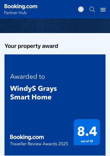 Certifikát, hodnocení, plakát nebo jiný dokument vystavený v ubytování WindyS Grays Smart Home, you will love it