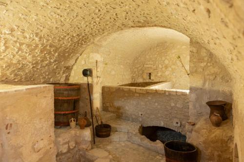 a stone room with a fireplace in a cave at Palazzo Pirro Dimora Storica in Acciano