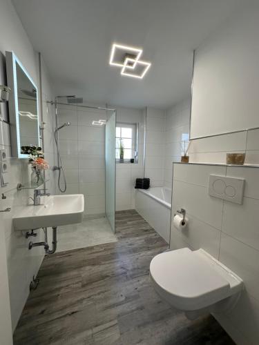 a bathroom with a toilet and a sink and a tub at Ferienhaus Heidetraum Lüneburger Heide in Munster im Heidekreis