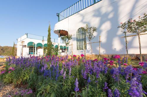 a garden with purple and pink flowers in front of a building at Paris De Floor Khaoyai in Pak Chong