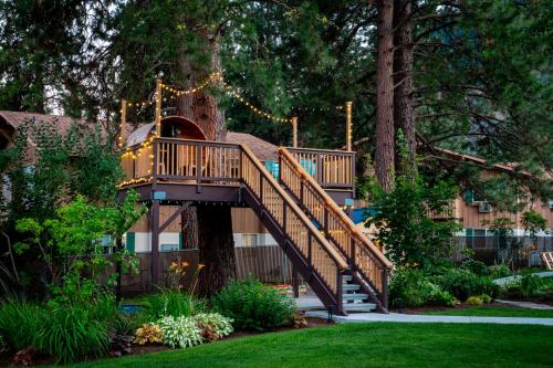 a wooden staircase leading up to a tree at Blue Elk Inn in Leavenworth