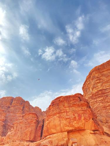 a view of the red rocks in the desert at Rum rose luxury camp in Wadi Rum