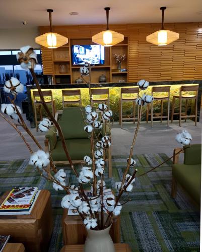 a living room with a vase with white flowers at Gran Hotel Concordia in Irapuato